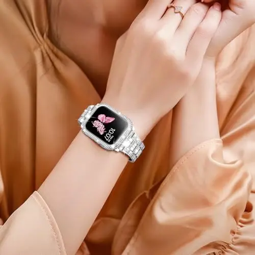 Mosonio Bling Apple Watch Band Ayollar 40/44/41/45/42/46mm Shiny Metal Case bilan mos keladi, Full Sparking Luxury Diamond Bands va Cover Set, iWatch SE Series 10/9/8/7/6/5/4 uchun yoqimli jozibali tasma - 7