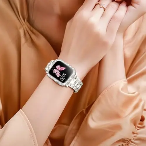 Mosonio Bling Apple Watch Band Ayollar uchun 40/44/41/45/42/46mm, yaltiroq metall korpusli, to'liq porloq hashamatli olmos tasmali va qopqoqli to'plam, iWatch SE Series 10/9/8/7/6/5/4 uchun yoqimli jozibali tasma - 7