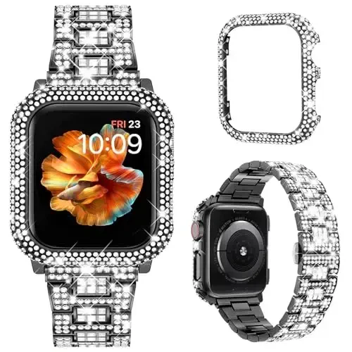 Mosonio Bling Apple Watch Band Ayollar uchun 40/44/41/45/42/46mm yaltiroq metall korpusli, to'liq uchqunli hashamatli olmos tasmalar va qopqoq to'plami, iWatch SE Series 10/9/8/7/6/5/4 uchun yoqimli jozibali tasma - MODAZONE