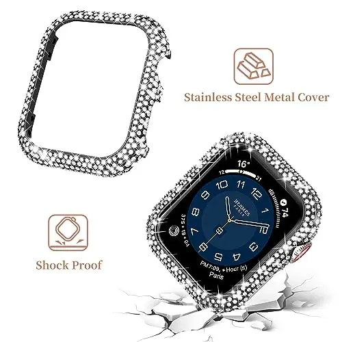 Mosonio Bling Apple Watch Band Ayollar uchun 40/44/41/45/42/46mm yaltiroq metall korpusli, to'liq uchqunli hashamatli olmos tasmalar va qopqoq to'plami, iWatch SE Series 10/9/8/7/6/5/4 uchun yoqimli jozibali tasma - 4