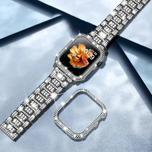Mosonio Bling Apple Watch Band Ayollar uchun 40/44/41/45/42/46mm yaltiroq metall korpusli, to'liq uchqunli hashamatli olmos tasmalar va qopqoq to'plami, iWatch SE Series 10/9/8/7/6/5/4 uchun yoqimli jozibali tasma - 6