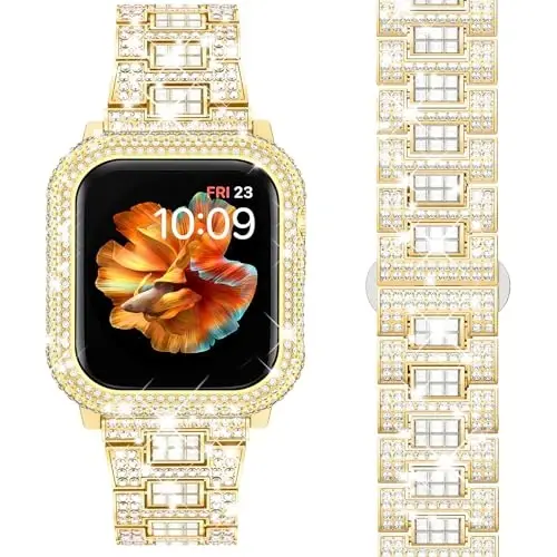Mosonio Compatible with Bling Apple Watch Band Women 40/44/41/45/42/46mm with Shiny Metal Case, Full Sparking Luxury Diamond Bands and Cover Set, Charming Wedding Strap for iWatch SE Series 11/10/9/8/7/6/5/4 - MODAZONE