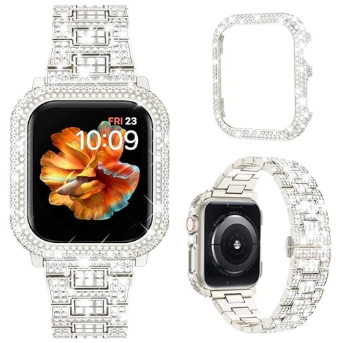 Mosonio Compatible with Bling Apple Watch Band Women 40/44/41/45/42/46mm with Shiny Metal Case, Full Sparking Luxury Diamond Bands and Cover Set, Charming Wedding Strap for iWatch SE Series 11/10/9/8/7/6/5/4 - Mosonio