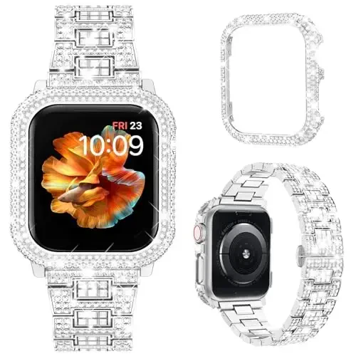 Mosonio Compatible with Bling Apple Watch Band Women 40/44/41/45/42/46mm with Shiny Metal Case, Full Sparking Luxury Diamond Bands and Cover Set, Charming Wedding Strap for iWatch SE Series 11/10/9/8/7/6/5/4 - 1