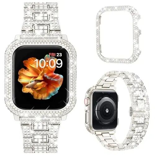 Mosonio Compatible with Bling Apple Watch Band Women 40/44/41/45/42/46mm with Shiny Metal Case, Full Sparking Luxury Diamond Bands and Cover Set, Charming Wedding Party Strap for iWatch SE Series 10/9/8/7/6/5/4 - MOSONIO