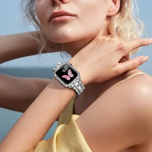 Mosonio Compatible with Bling Apple Watch Band Women 40/44/41/45/42/46mm with Shiny Metal Case, Full Sparking Luxury Diamond Bands and Cover Set, Charming Wedding Party Strap for iWatch SE Series 10/9/8/7/6/5/4 - MOSONIO (1)