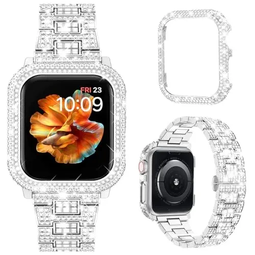 Mosonio Compatible with Bling Apple Watch Band Women 40/44/41/45/42/46mm with Shiny Metal Case, Full Sparking Luxury Diamond Bands and Cover Set, Cute Charming Strap for iWatch SE Series 10/9/8/7/6/5/4 - 1