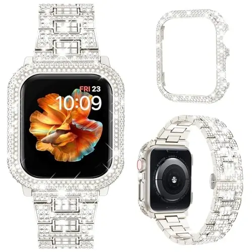 Mosonio Compatible with Bling Apple Watch Band Women 40/44/41/45/42/46mm with Shiny Metal Case, Full Sparking Luxury Diamond Bands and Cover Set, Cute Charming Strap for iWatch SE Series 10/9/8/7/6/5/4 - MOSONIO