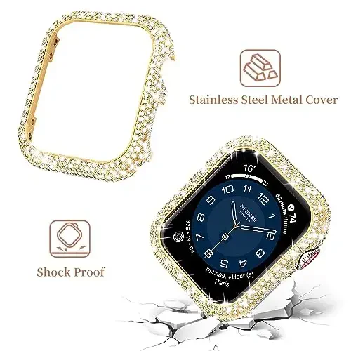Mosonio Compatible with Bling Apple Watch Band Women 40/44/41/45/42/46mm with Shiny Metal Case, Full Sparking Luxury Diamond Bands and Cover Set, Cute Charming Strap for iWatch SE Series 10/9/8/7/6/5/4 - 4