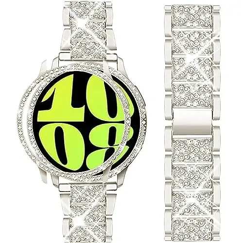 Mosonio Compatible with Samsung Galaxy Watch 7/6 Bands 40mm/44mm, 20mm Bling Metal Bands with Bling Protective Cover Case for Women, Shiny Watch Replacement Strap for Daily Wear 