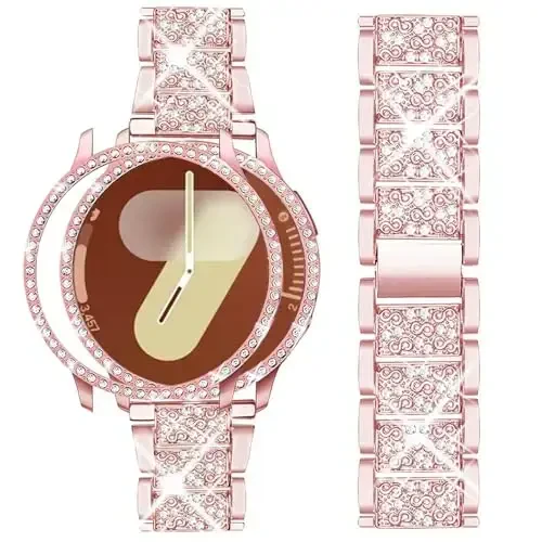 Mosonio Compatible with Samsung Galaxy Watch 7/6 Bands 40mm/44mm, 20mm Bling Metal Bands with Bling Protective Cover Case for Women, Shiny Watch Replacement Strap for Daily Wear - MODAZONE