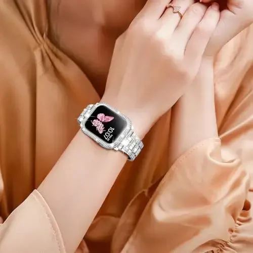 Mosonio Compatible with Bling Apple Watch Band Women 40/44/41/45/42/46mm with Shiny Metal Case, Full Sparking Luxury Diamond Bands and Cover Set, Charming Wedding Strap for iWatch SE Series 11/10/9/8/7/6/5/4 - 7