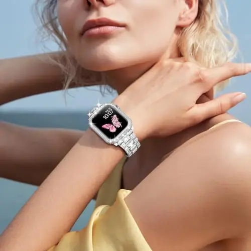 Mosonio Compatible with Bling Apple Watch Band Women 40/44/41/45/42/46mm with Shiny Metal Case, Full Sparking Luxury Diamond Bands and Cover Set, Charming Wedding Strap for iWatch SE Series 11/10/9/8/7/6/5/4 - MODAZONE (1)
