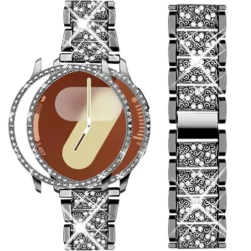 Mosonio Samsung Galaxy Watch 7/6 40mm/44mm bilan mos keladi, 20mm Bling Metal Bands ayollar uchun Bling himoya qopqog'i bilan, kundalik kiyim uchun yorqin soat almashtirish tasmasi - MODAZONE