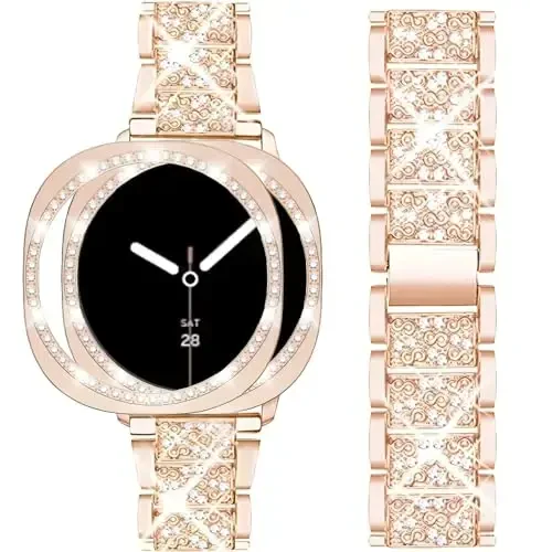 Mosonio Samsung Galaxy Watch 7/6 40mm/44mm bilan mos keladi, 20mm Bling Metal tasmalar ayollar uchun Bling himoya qopqog'i bilan, kundalik kiyim uchun yorqin soat almashtirish tasmasi - 1