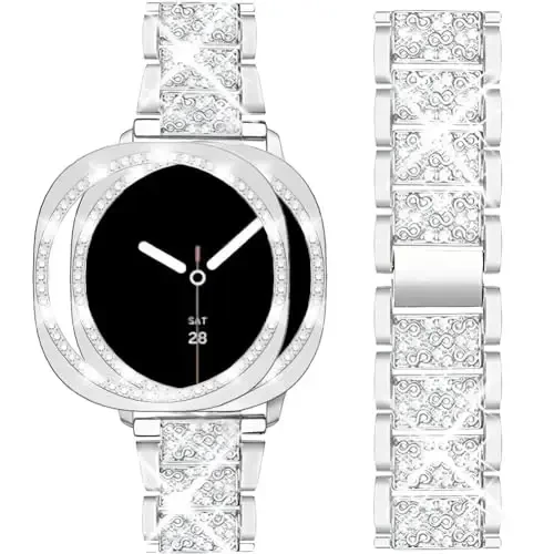 Mosonio Samsung Galaxy Watch 7/6 40mm/44mm bilan mos keladi, 20mm Bling metall bilaguzuklar ayollar uchun himoya qopqog'i bilan, kundalik kiyim uchun yorqin soat almashtirish tasmasi - MOSONIO