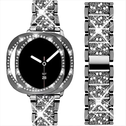 Mosonio Samsung Galaxy Watch 7/6 40mm/44mm ile Uyumlu, 20mm Bling Metal Kordonlar, Kadınlar için Bling Koruyucu Kapaklı Kılıf, Günlük Kullanım için Parlak Saat Yedek Kayışı 