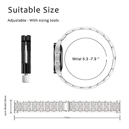 Mosonio Samsung Galaxy Watch 7/6 40mm/44mm ile Uyumlu Kordonlar, 20mm Parlak Metal Kordonlar ve Kadınlar için Parlak Koruyucu Kapaklı Kılıf, Günlük Kullanım için Parlak Saat Değiştirme Kayışı 