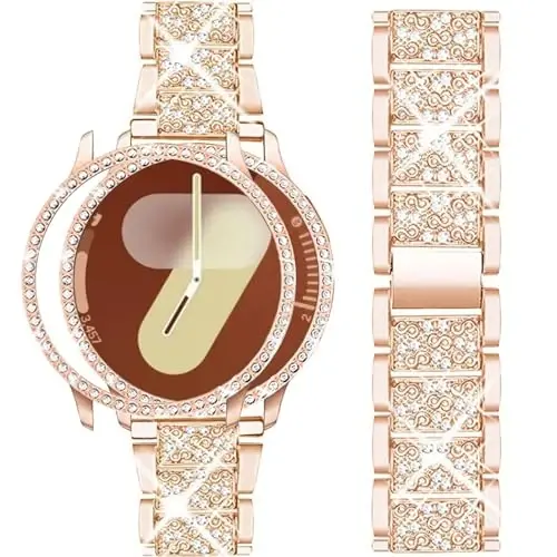 Mosonio Compatible with Samsung Galaxy Watch 7/6 Bands 40mm/44mm, 20mm Bling Metal Bands with Bling Protective Cover Case for Women, Shiny Watch Replacement Strap for Daily Wear 