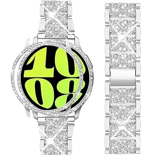 Mosonio Samsung Galaxy Watch 7/6 Bands 40mm/44mm bilan mos keladi, 20mm Bling Metal Bands ayollar uchun Bling himoya qopqog'i bilan, kundalik kiyim uchun yorqin soat almashtirish tasmasi - MODAZONE
