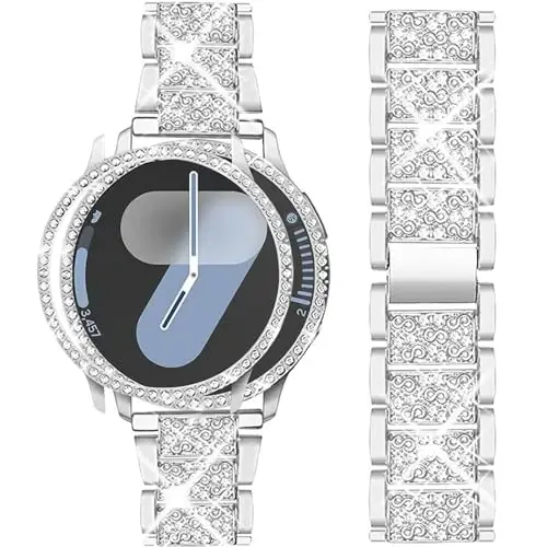 Mosonio Samsung Galaxy Watch 7/6 Bantları 40mm/44mm ile Uyumlu, Kadınlar için 20mm Parlak Metal Bantlar ve Parlak Koruyucu Kapaklı Kılıf, Günlük Kullanım için Parlak Saat Değiştirme Kayışı 