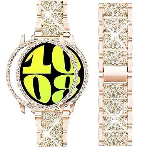Mosonio Samsung Galaxy Watch 7/6 Bantları 40mm/44mm ile Uyumlu, Kadınlar için Bling Metal Bantlar, Bling Koruyucu Kapaklı Kılıflı 20mm, Günlük Kullanım için Parlak Saat Yedek Kayışı 