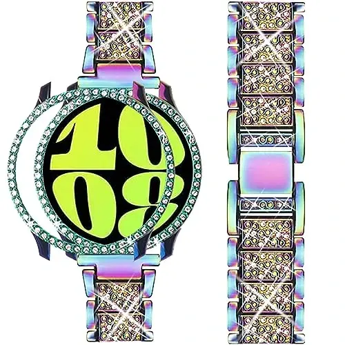 Mosonio Samsung Galaxy Watch 7/6 tasmalariga mos 40mm/44mm, 20mm Bling metall tasmalar ayollar uchun Bling himoya qopqog'i bilan, kundalik kiyim uchun yorqin soat almashtirish tasmasi 