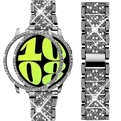 Mosonio Samsung Galaxy Watch 8/7/6 ile Uyumlu Kordonlar 40mm/44mm, 20mm Parlak Metal Kordonlar ve Kadınlar için Parlak Koruyucu Kılıf, Günlük Kullanım için Parlak Saat Yedek Kayışı 
