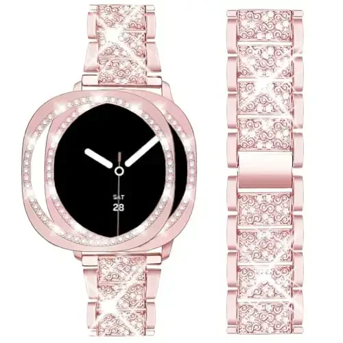 Mosonio Совместимый с Samsung Galaxy Watch 7/6 Bands 40mm/44mm, 20mm Bling Metal Bands with Bling Protective Cover Case for Women, Shiny Watch Replacement Strap for Daily Wear - MOSONIO