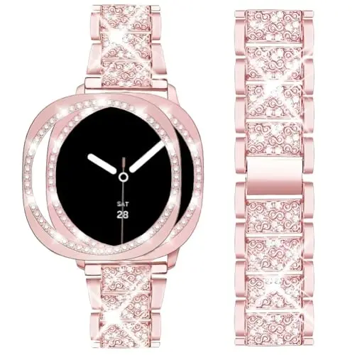 Mosonio Совместимый с Samsung Galaxy Watch 7/6 Bands 40mm/44mm, 20mm Bling Metal Bands with Bling Protective Cover Case for Women, Shiny Watch Replacement Strap for Daily Wear 