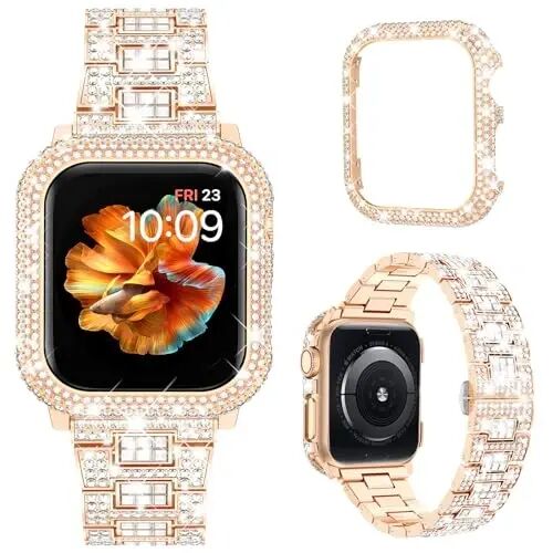 Mosonio Sparking Bling Bands for Apple Watch Women with Shiny Metal Case | Charming Wedding Bands and Cover Set for iwatch Series 11/10/9/8/7/SE/6/5/4- 40mm 41mm 44mm 45mm 46mm Women - 1