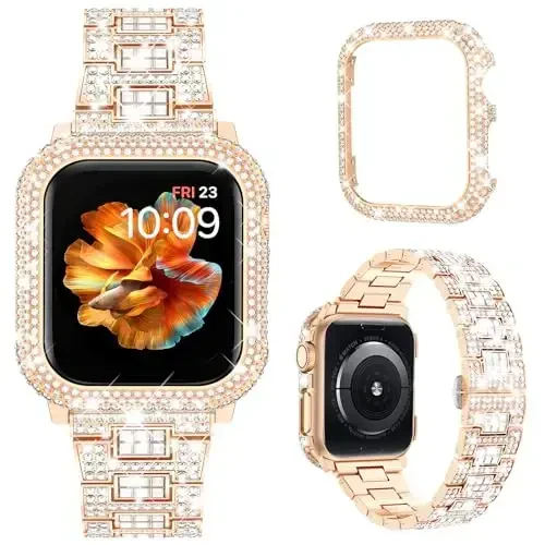 Mosonio Compatible with Bling Apple Watch Band Women 40/44/41/45/42/46mm with Shiny Metal Case, Full Sparking Luxury Diamond Bands and Cover Set, Charming Wedding Strap for iWatch SE Series 11/10/9/8/7/6/5/4 - 1