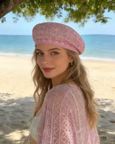 Women Lightweight Beret Floral Hollow Out Hat Breathable French Beret Beanie Hat Cap for Spring Summer - 1