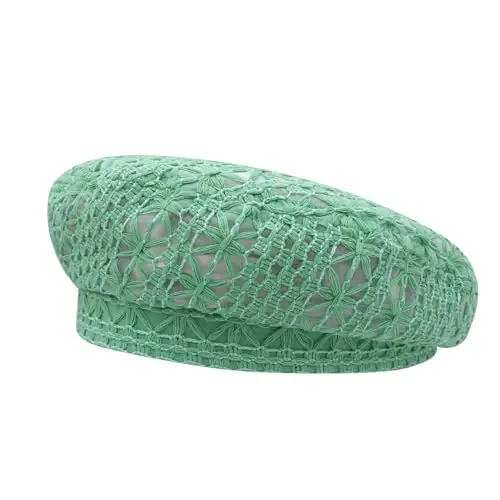 MOSSTYUS Women Lace Lightweight Beret Floral Hollow Out Hat Breathable French Beret Beanie Hat Cap for Spring Summer - 2