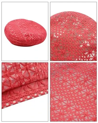 Women Lightweight Beret Floral Hollow Out Hat Breathable French Beret Beanie Hat Cap for Spring Summer 