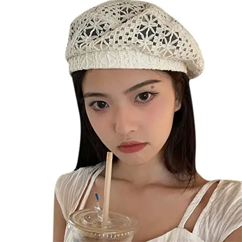 MOSSTYUS Women Lace Lightweight Beret Floral Hollow Out Hat Breathable French Beret Beanie Hat Cap for Spring Summer - 2