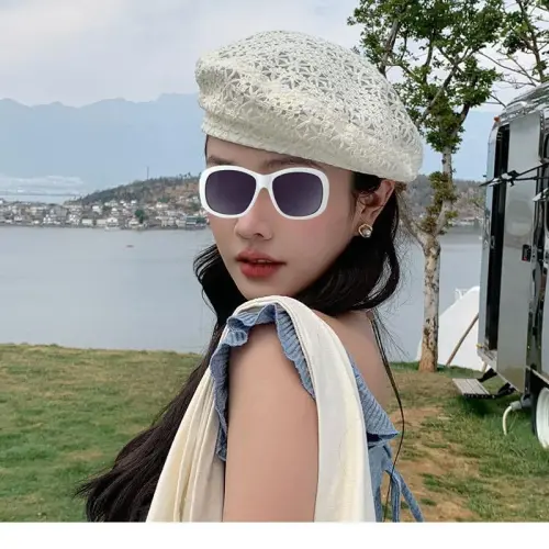 MOSSTYUS Women Lace Lightweight Beret Floral Hollow Out Hat Breathable French Beret Beanie Hat Cap for Spring Summer - 3