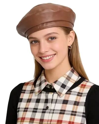 MOSSTYUS Women Retro PU Leather Casual French Beret Hat for Spring Autumn | soft touch PU material,drawstring adjustable inner band, four panel stitched design, all match style,four seasons wearable - MOSSTYUS