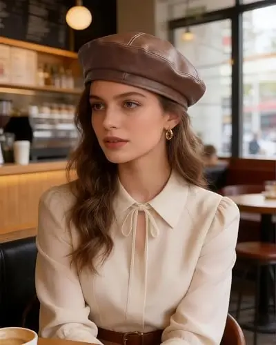 MOSSTYUS Women Retro PU Leather Casual French Beret Hat for Spring Autumn | soft touch PU material,drawstring adjustable inner band, four panel stitched design, all match style,four seasons wearable - 4