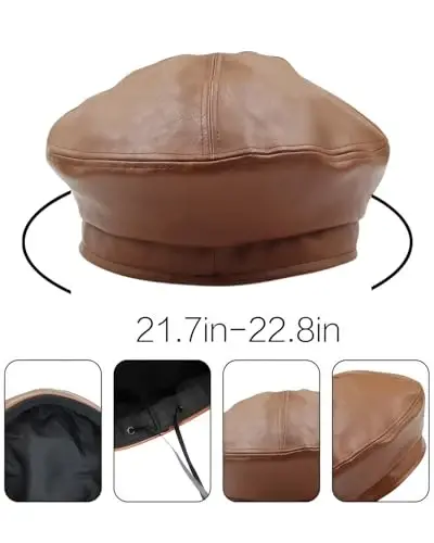 MOSSTYUS Women Retro PU Leather Casual French Beret Hat for Spring Autumn | soft touch PU material,drawstring adjustable inner band, four panel stitched design, all match style,four seasons wearable - 5
