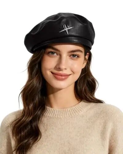 MOSSTYUS Women Retro PU Leather Casual French Beret Hat for Spring Autumn | soft touch PU material,drawstring adjustable inner band, four panel stitched design, all match style,four seasons wearable - MOSSTYUS (1)
