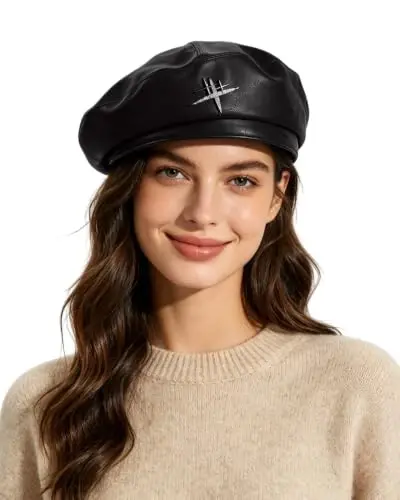 MOSSTYUS Women Retro PU Leather Casual French Beret Hat for Spring Autumn | soft touch PU material,drawstring adjustable inner band, four panel stitched design, all match style,four seasons wearable - MOSSTYUS (1)