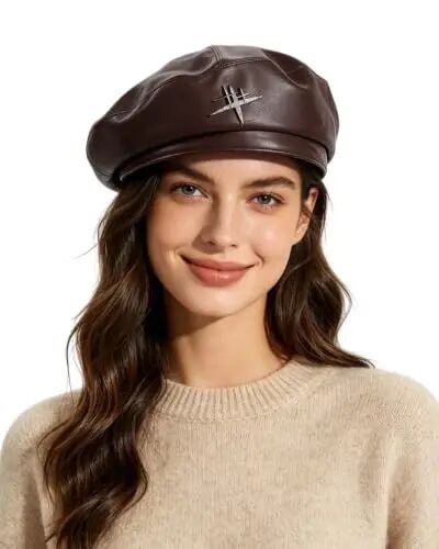 MOSSTYUS Women Retro PU Leather Casual French Beret Hat for Spring Autumn | soft touch PU material,drawstring adjustable inner band, four panel stitched design, all match style,four seasons wearable - MOSSTYUS (1)