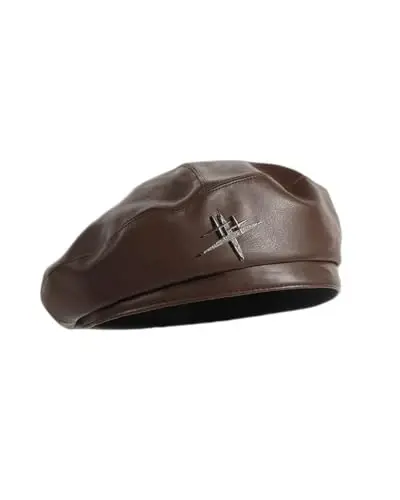 MOSSTYUS Women Retro PU Leather Casual French Beret Hat for Spring Autumn | soft touch PU material,drawstring adjustable inner band, four panel stitched design, all match style,four seasons wearable - 1