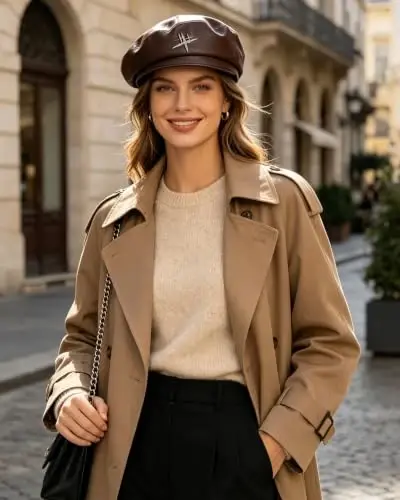 MOSSTYUS Women Retro PU Leather Casual French Beret Hat for Spring Autumn | soft touch PU material,drawstring adjustable inner band, four panel stitched design, all match style,four seasons wearable - 3