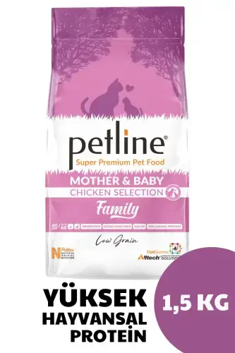 Mother & Baby Tovuq Go'shti bilan Kattalar va Kichkina Mushuklar uchun Oziq-ovqat 1,5 Kg - PETLINE (1)