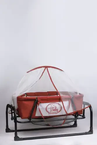 Mother's Bedside Luxury Cradle Linen Fabric Tulle Portable 3 Pieces Portable Hammock-Claret Red - 1