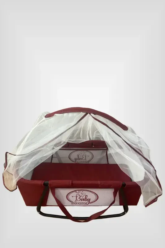 Mother's Bedside Luxury Cradle Linen Fabric Tulle Portable 3 Pieces Portable Hammock-Claret Red - 2