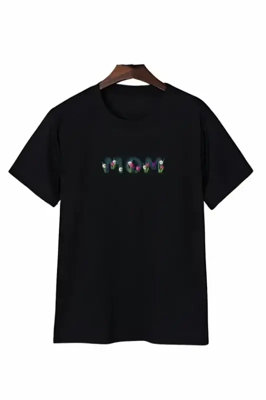 Mother's Day Mom Flower Themed Printed Oversize Crew Neck T-shirt - Black - 1
