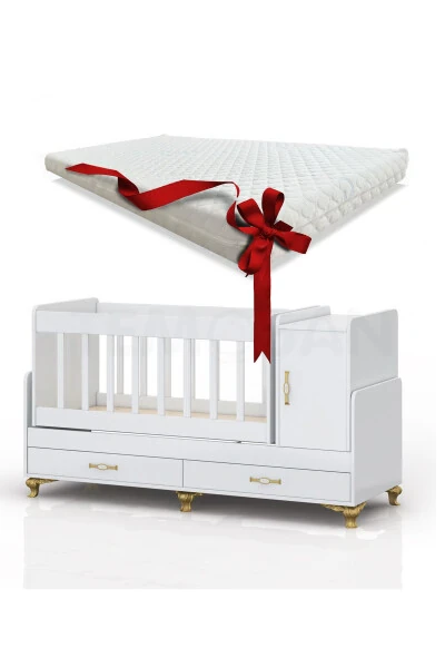 Mother's Side, Rocking, Growing Baby Cradle, with Mattress, Cover, Drawer 60 x 120 Gold - TEMOSAN